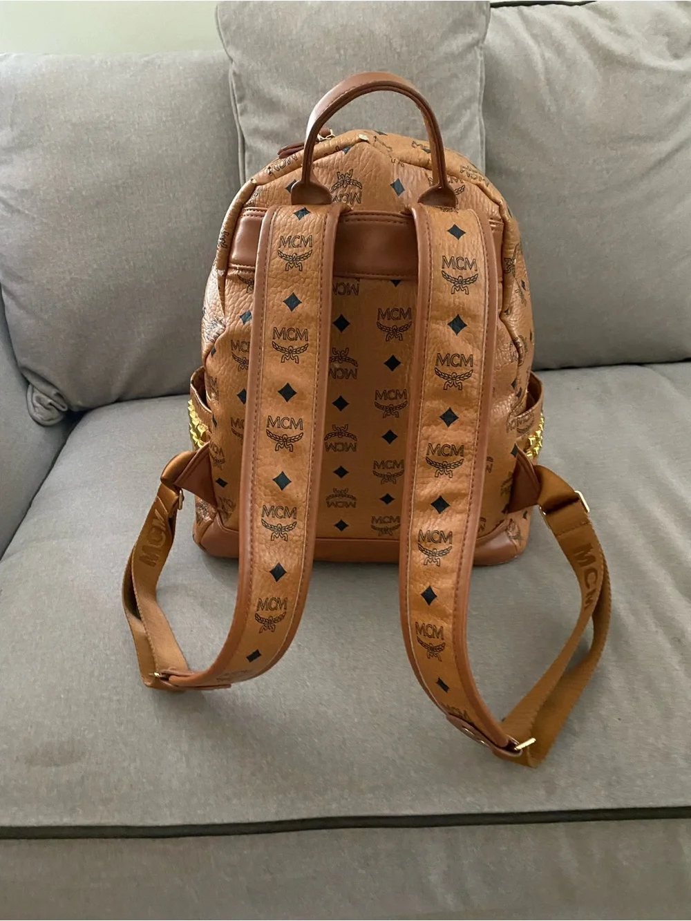 MCM Brown Visetos Logo Backpack with Gold Hardware